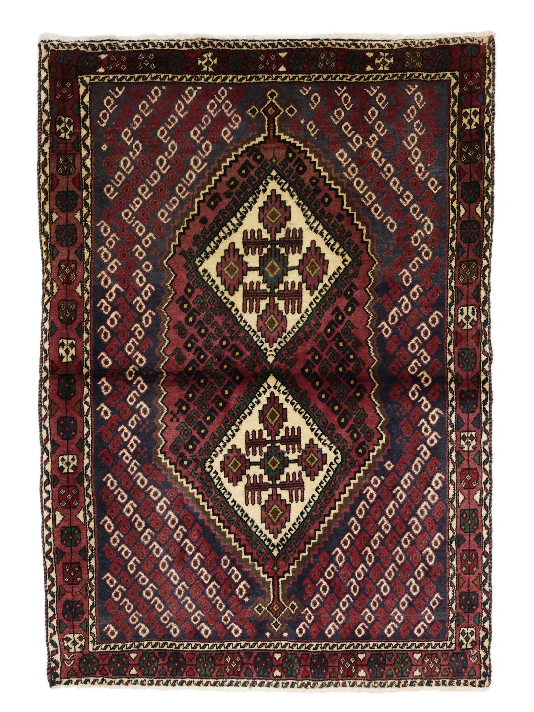 Handgeknoopt Afshar Shahre Babak-tapijt met rode en donkerblauwe geometrische motieven
