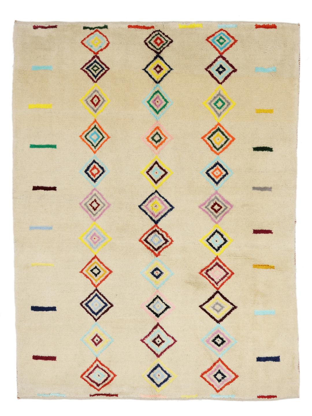A one-of-a-kind hand-knotted Gabbeh rug from the Middle East featuring colourful geometric diamond motifs on a neutral background.