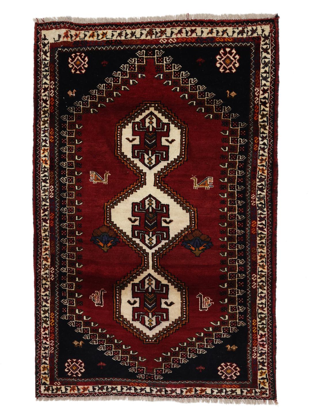 Authentiek handgeknoopt Ghashghai-tapijt met rode en donkerblauwe geometrische motieven