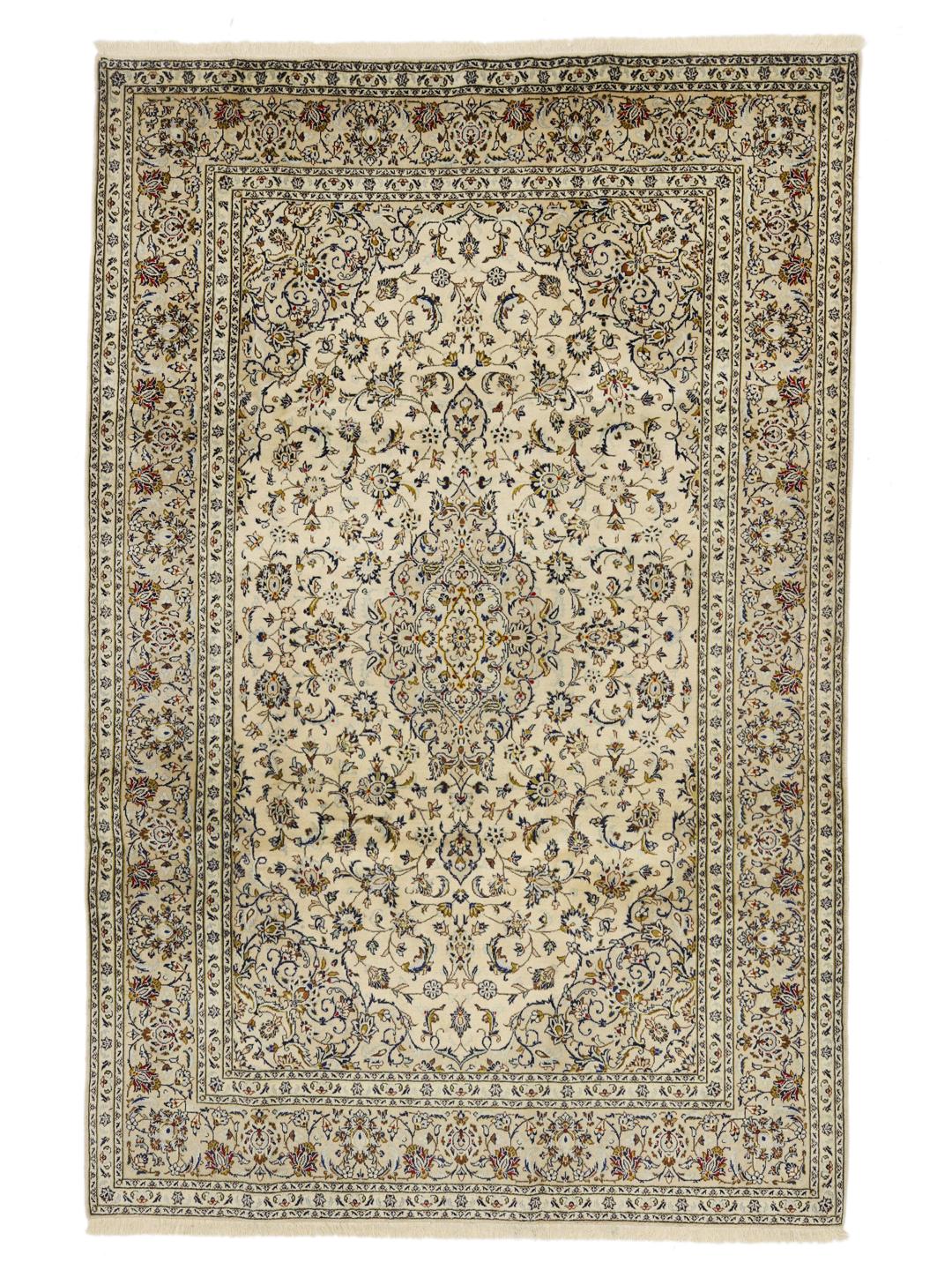 Hand-knotted Keshan rug from the Middle East in a beige colour palette.