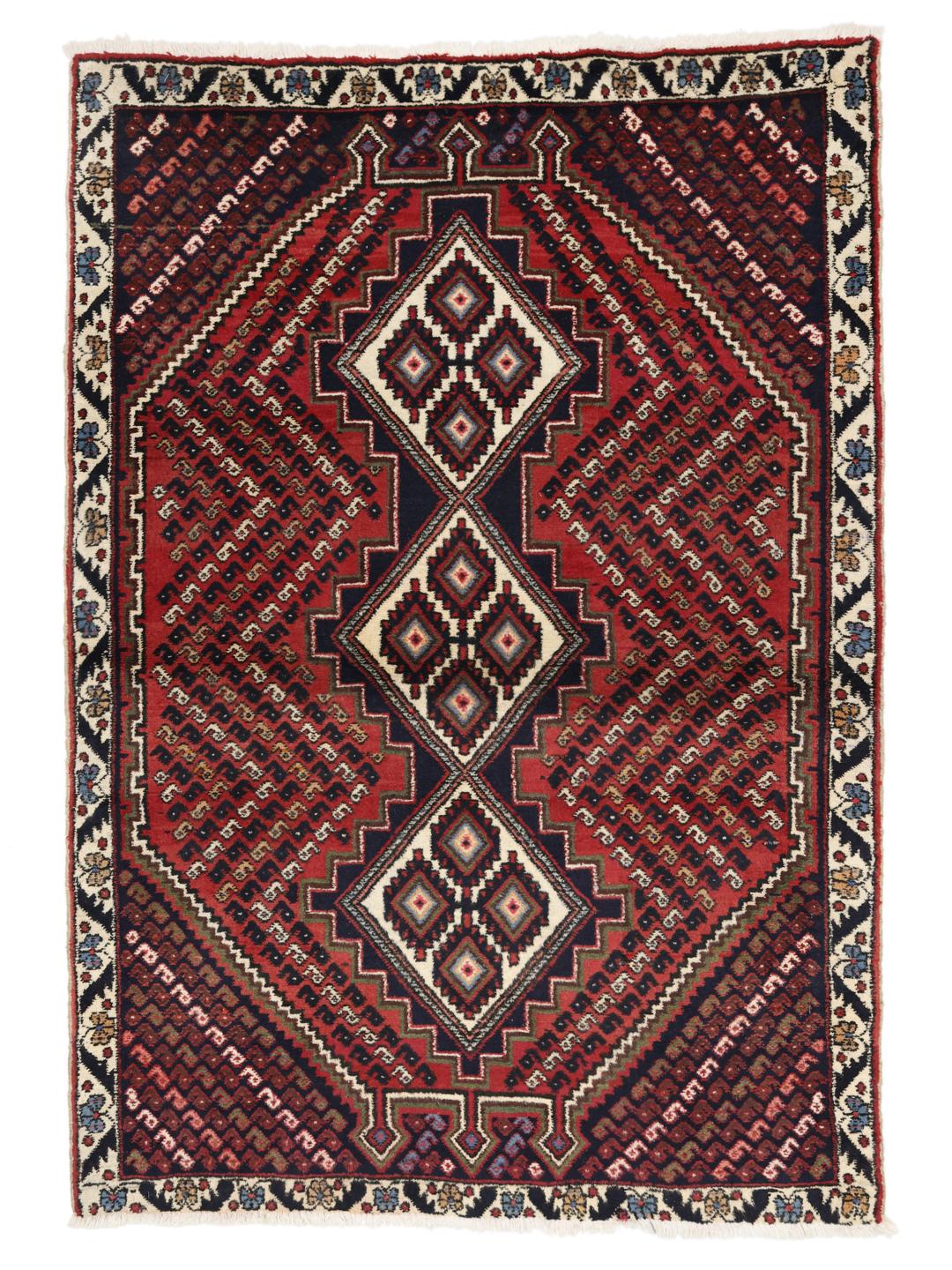 Hand-knotted Afshar Shahre Babak rug with red and dark-blue geometric patterns