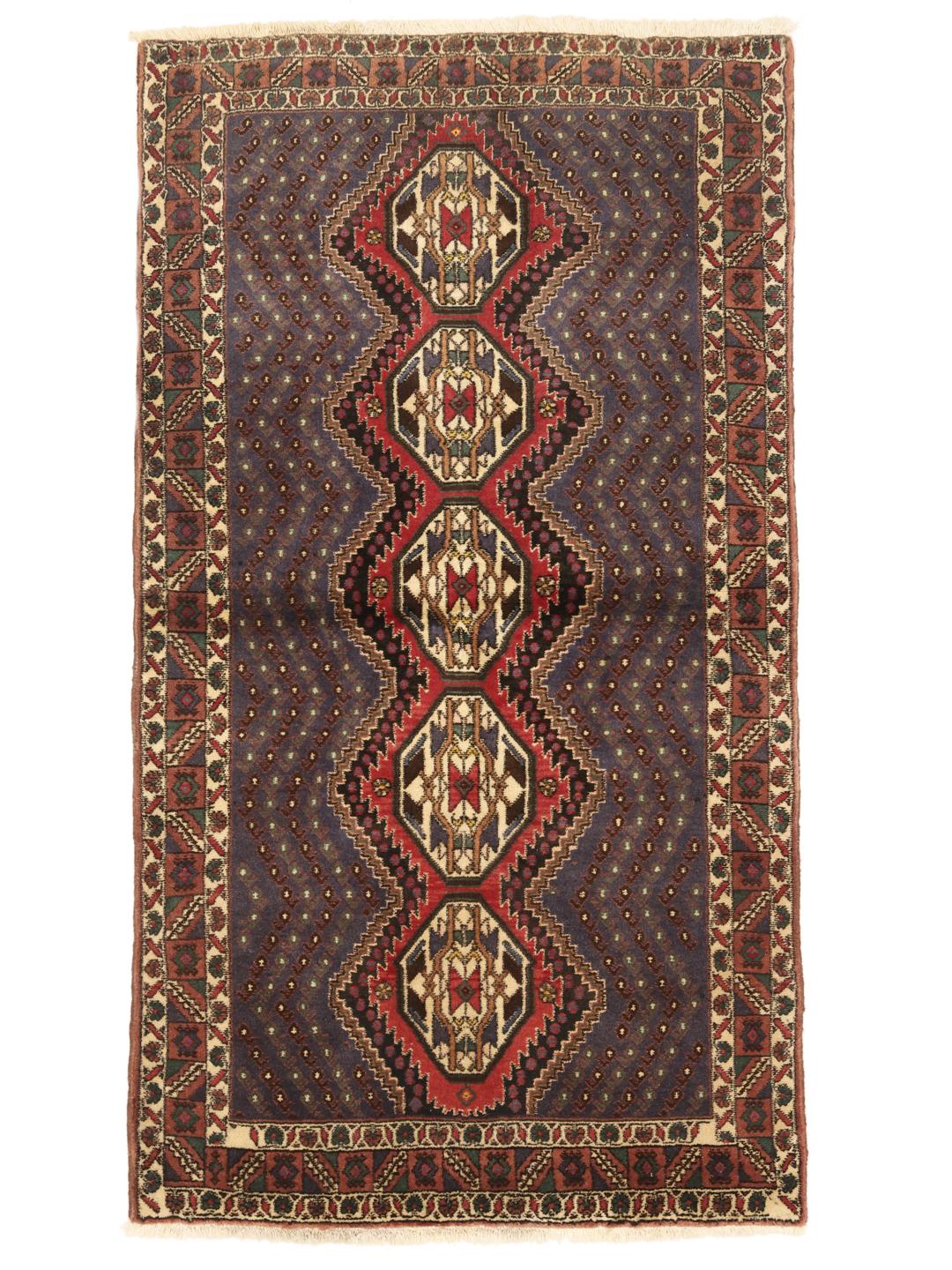 Håndknyttet Afshar Shahre Babak-tæppe fra Mellemøsten med blåt og rødt geometrisk design.