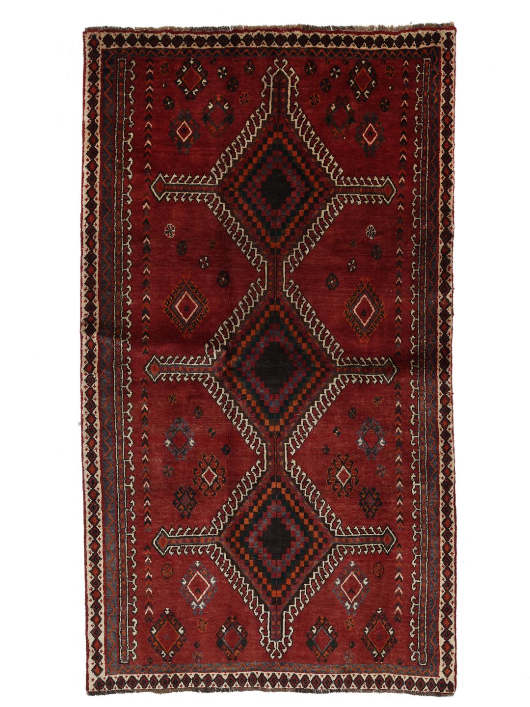Handgeknoopt rood Shiraz-tapijt uit het Midden-Oosten met geometrische patronen