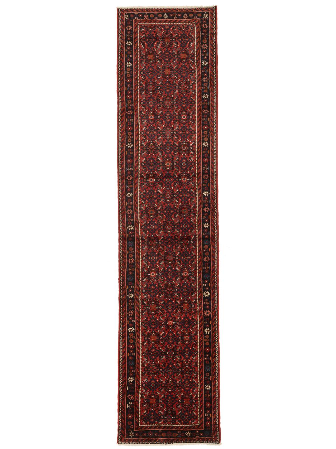 Hand-knotted Hosseinabad runner with traditional Middle Eastern motifs in red and dark blue