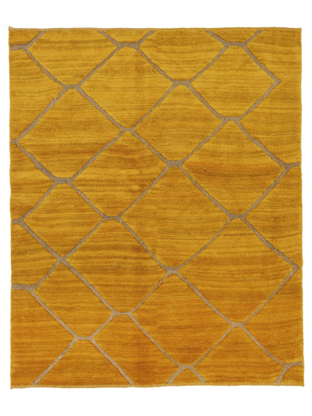 Hand-knotted yellow Berber rug with a geometric diamond pattern