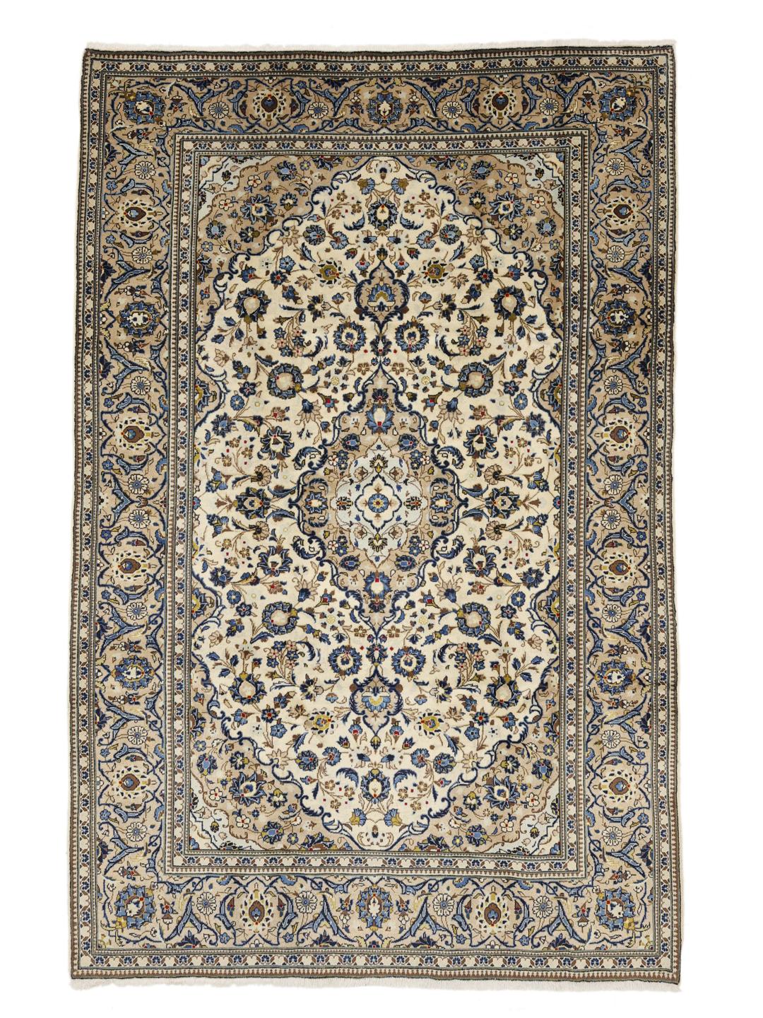 Hand-knotted Keshan rug from the Middle East with a beige and blue floral medallion pattern