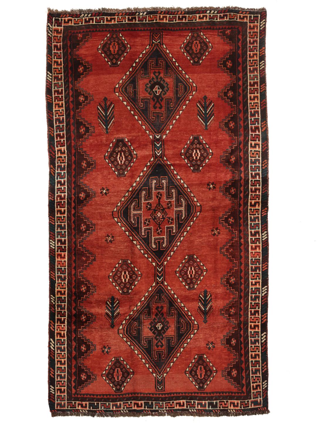 Hand-knotted Shiraz rug from the Middle East in vibrant red with geometric patterns
