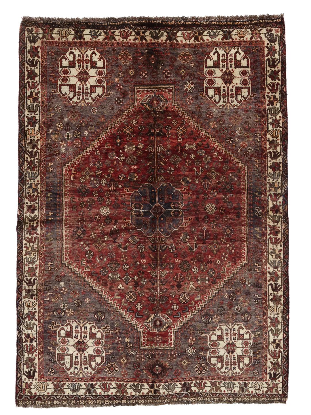 Hand-knotted Middle Eastern Shiraz rug in dark-red and blue tones