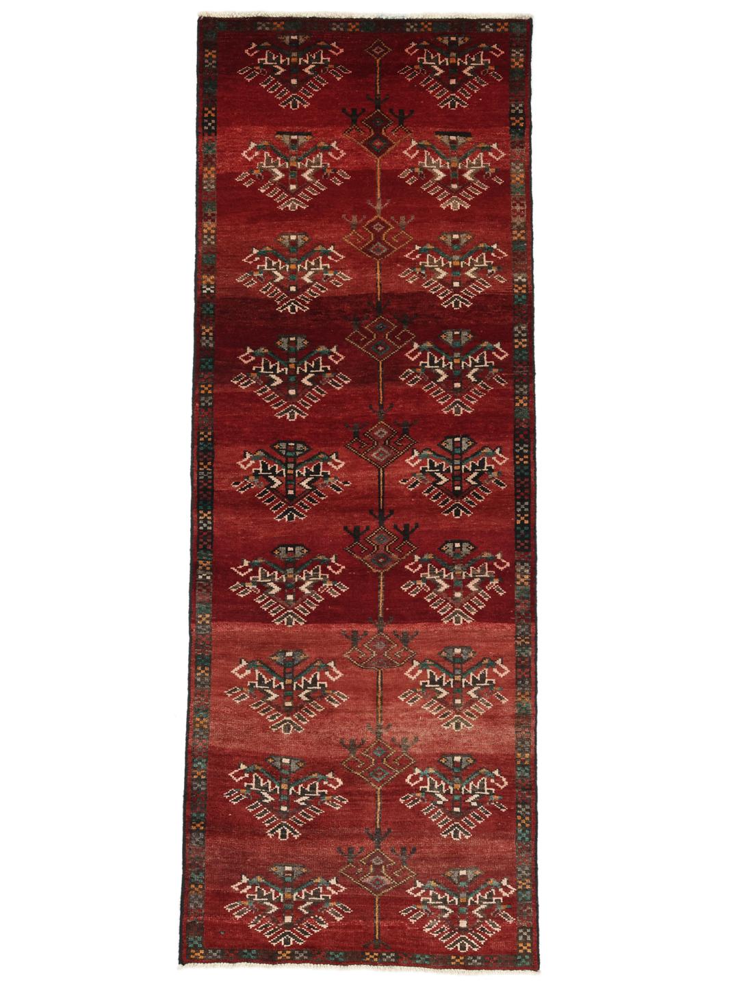 Hand-knotted Shiraz runner in deep red with geometric tribal motifs
