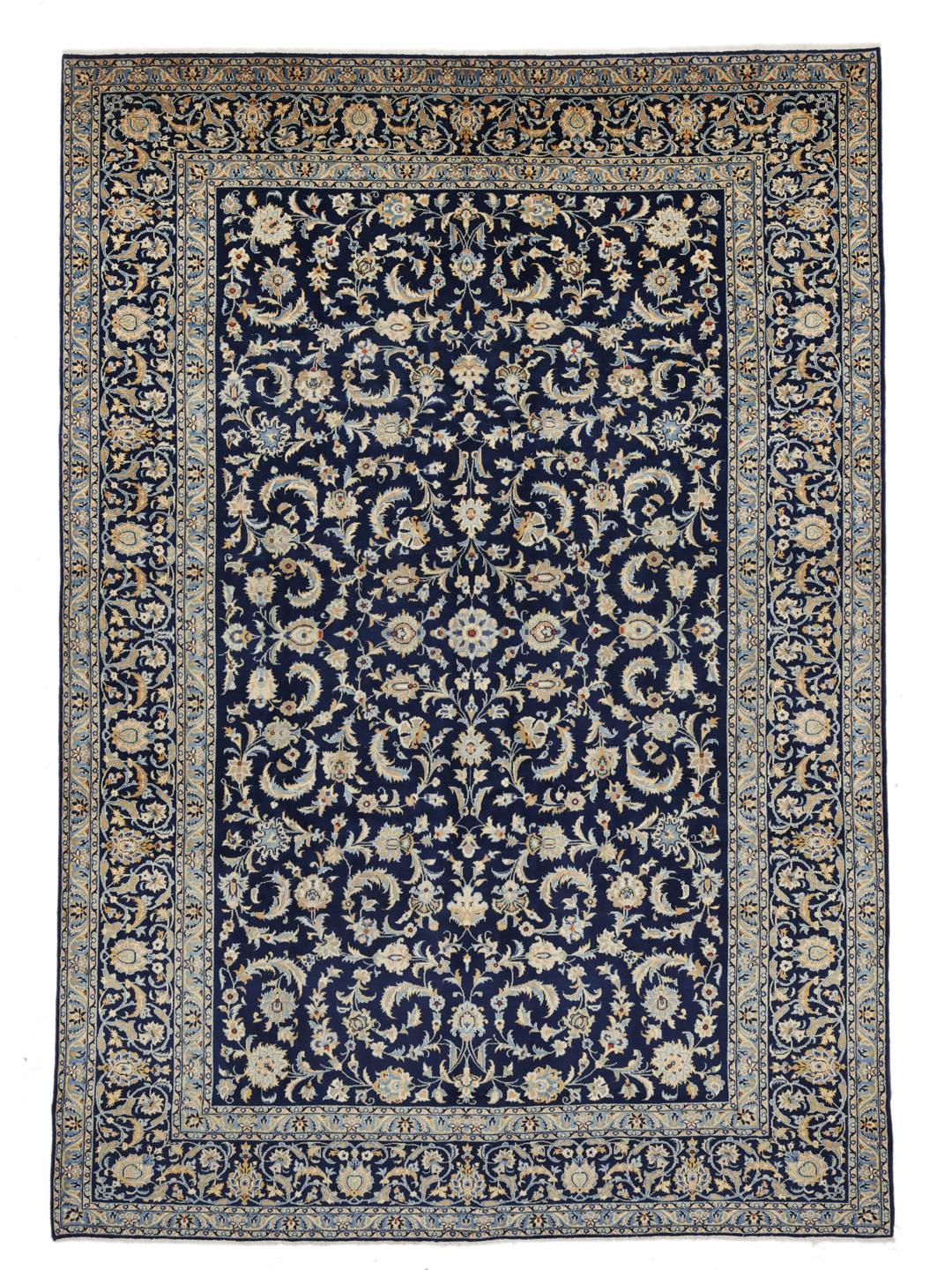 Hand-knotted Keshan rug from the Middle East in deep blue with floral patterns