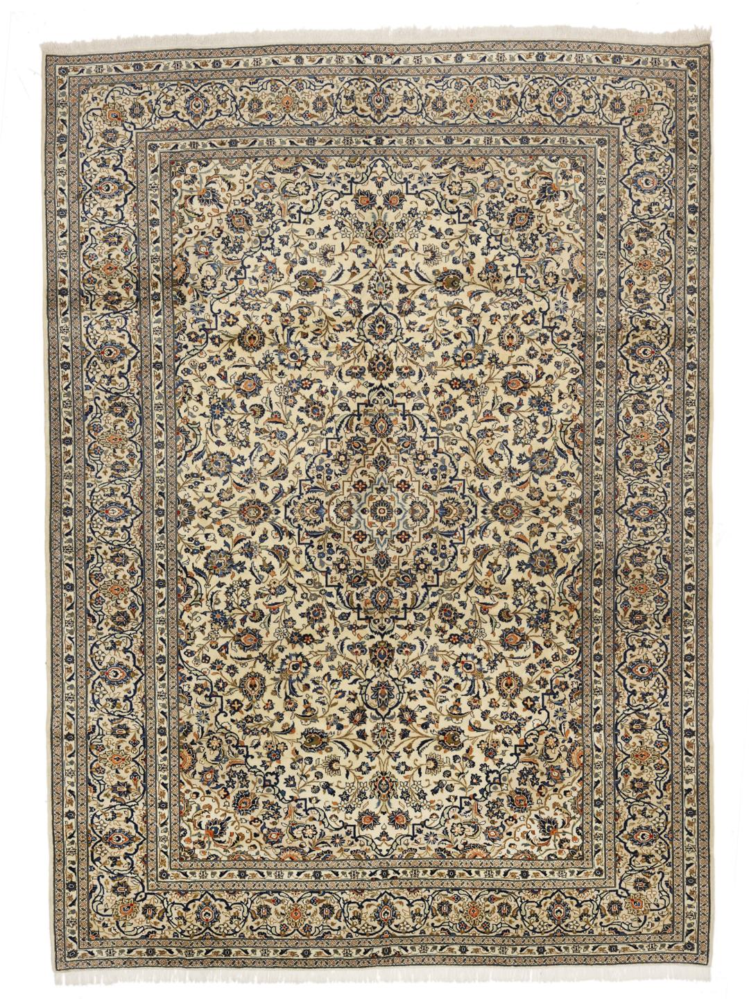 Hand-knotted Keshan rug from the Middle East in beige, blue, and orange tones.