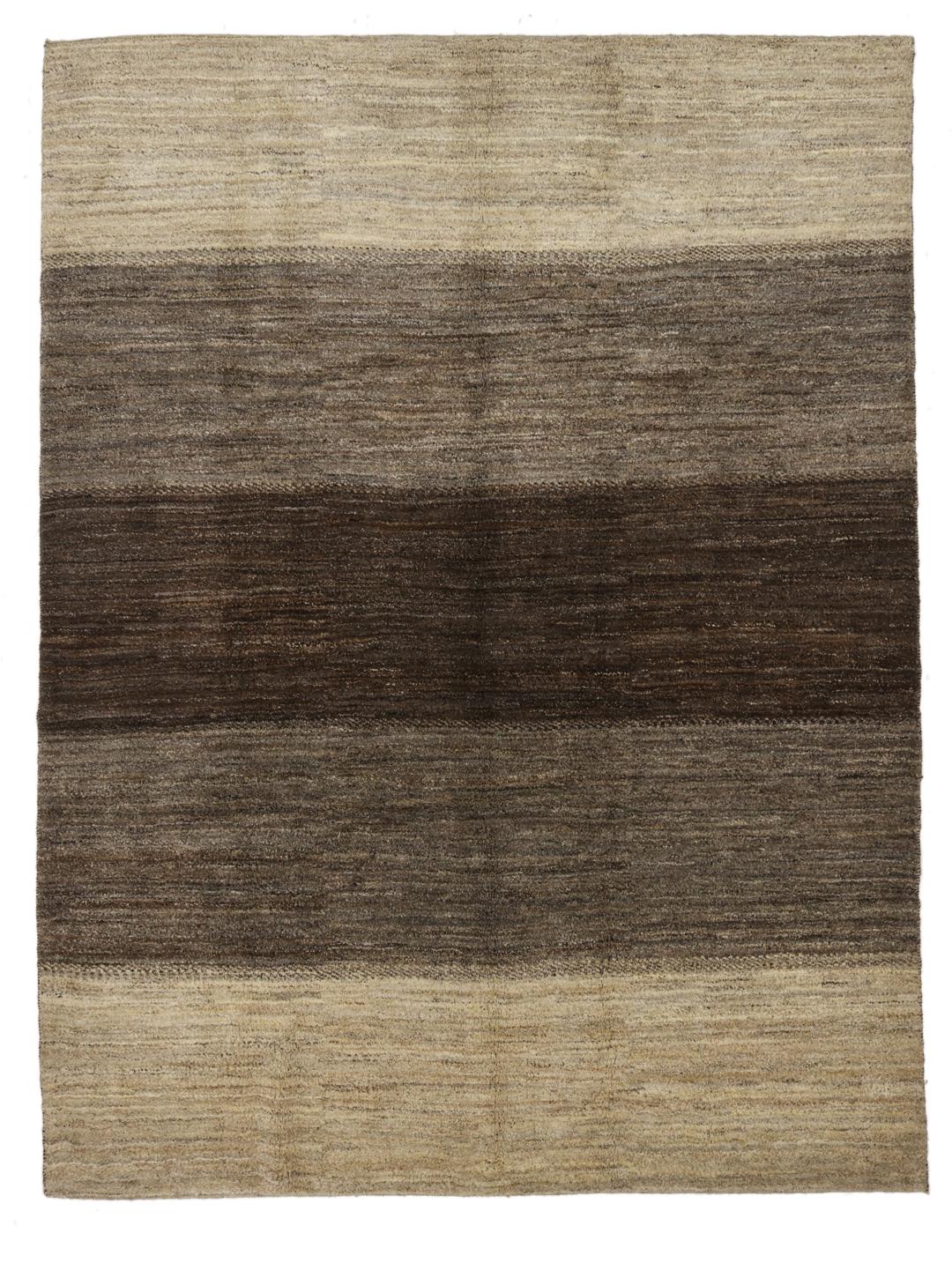 Håndknyttet Gabbeh-tæppe fra Mellemøsten i nuancer af brun og beige.