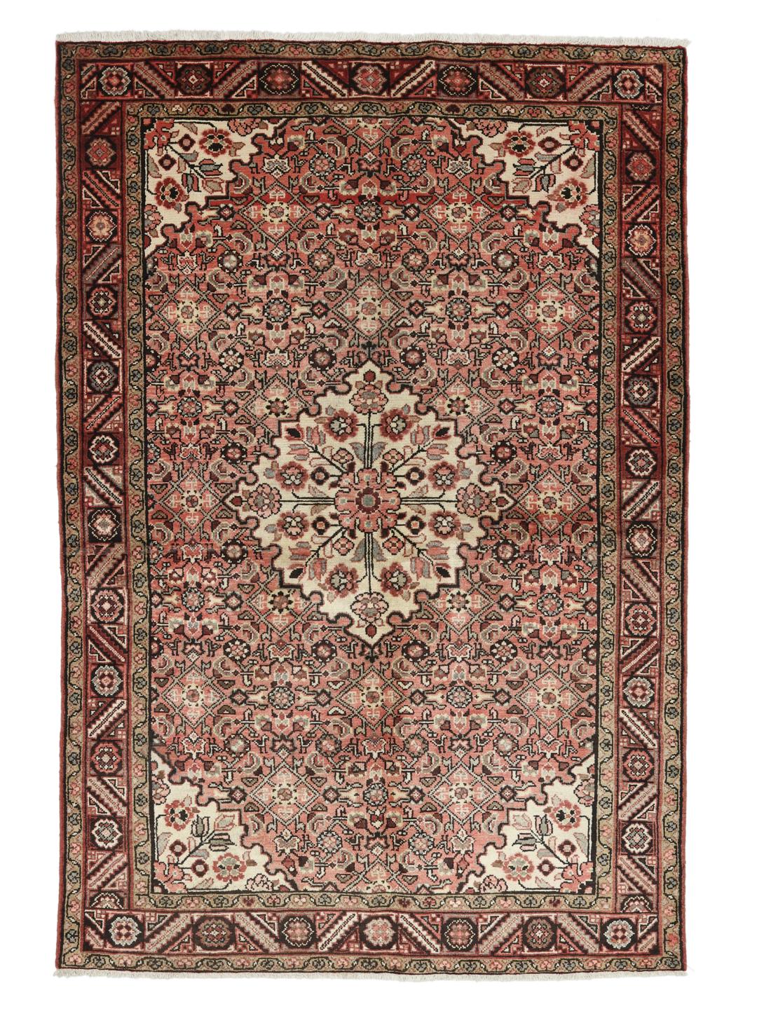 Hand-knotted Hosseinabad rug from the Middle East in red and cream tones