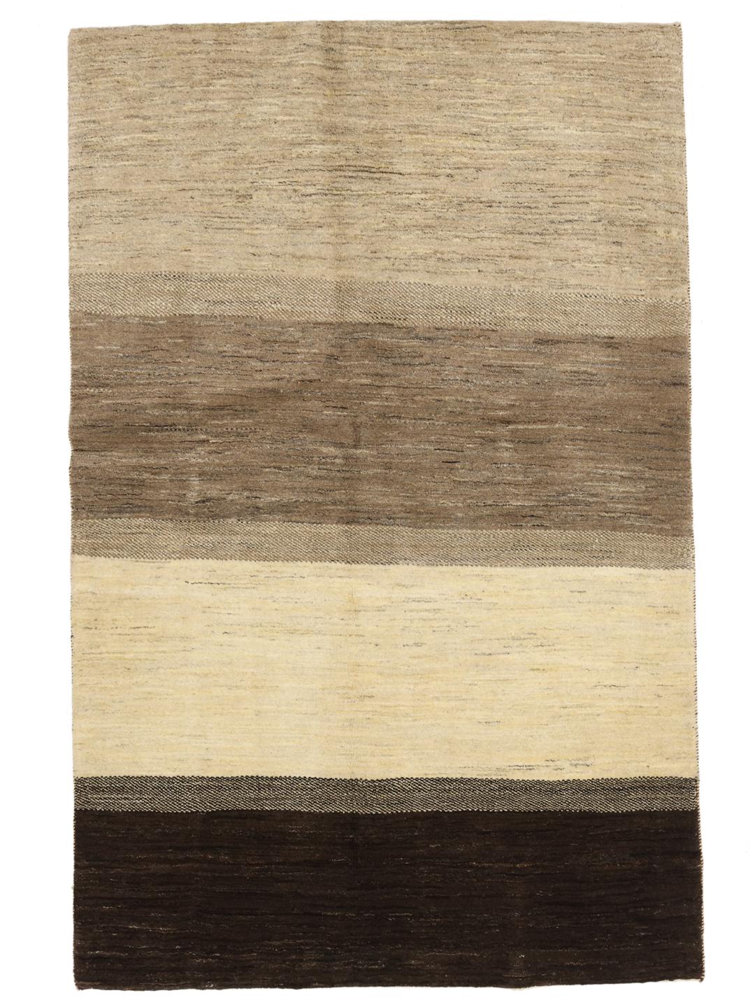 A hand-knotted Gabbeh rug from the Middle East featuring striped earthy brown and beige tones.