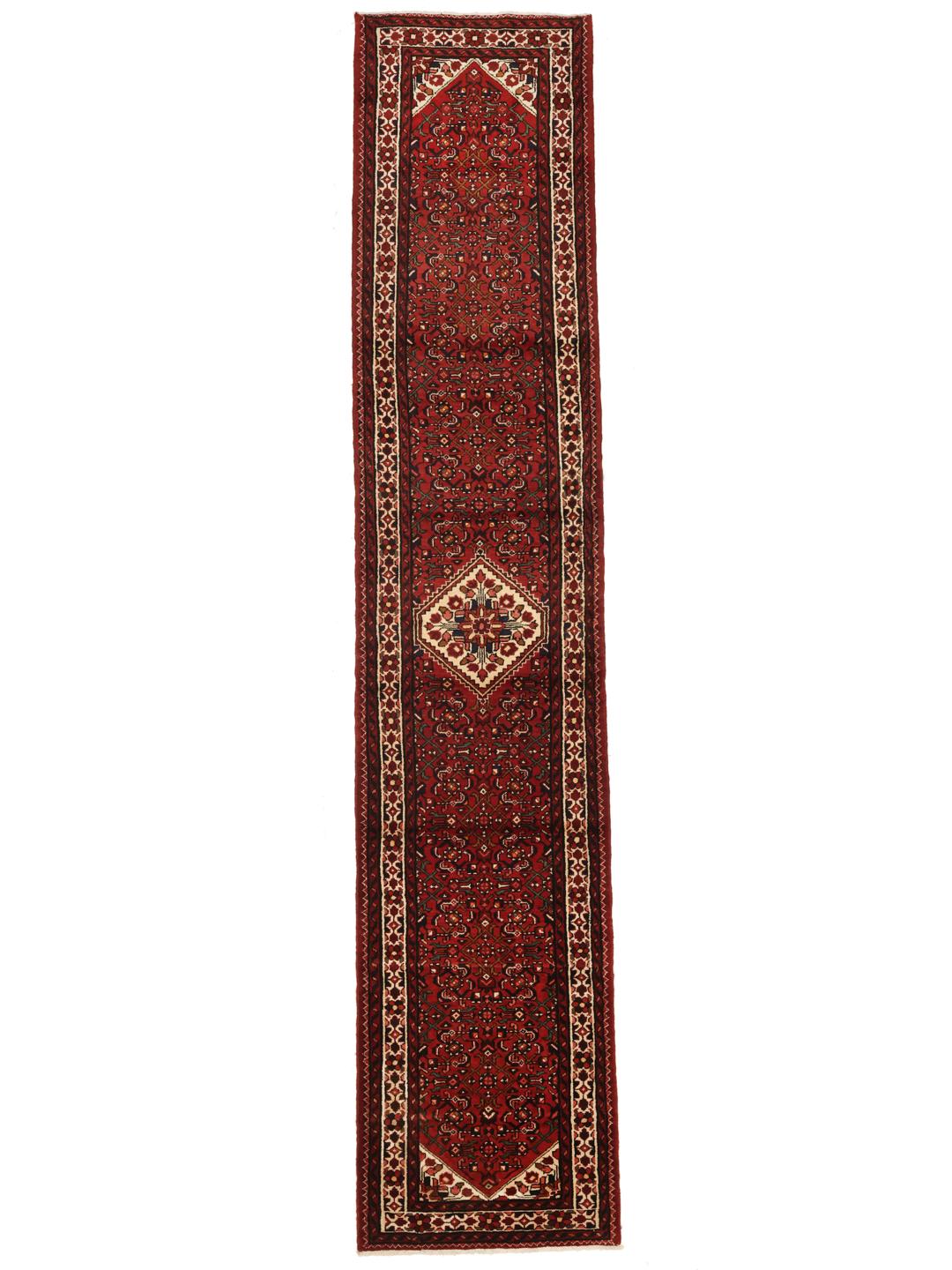 Hand-knotted Hosseinabad runner in red featuring traditional patterns.