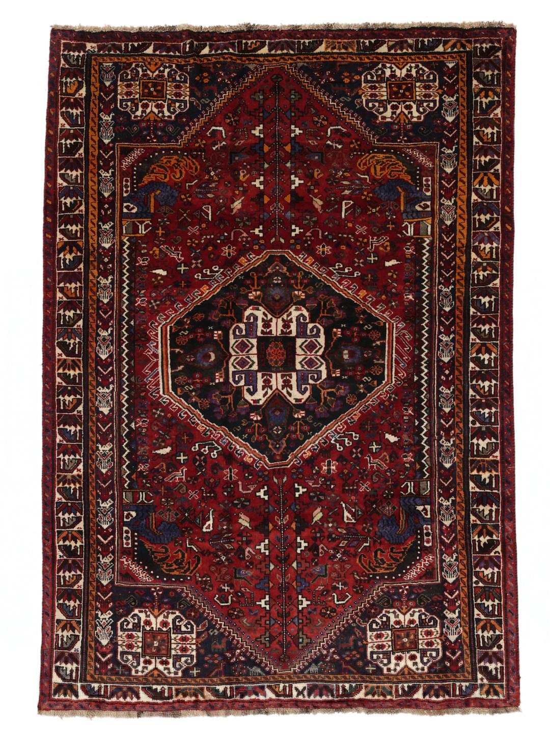 Hand-knotted Ghashghai Wool rug with geometric patterns in red and dark blue