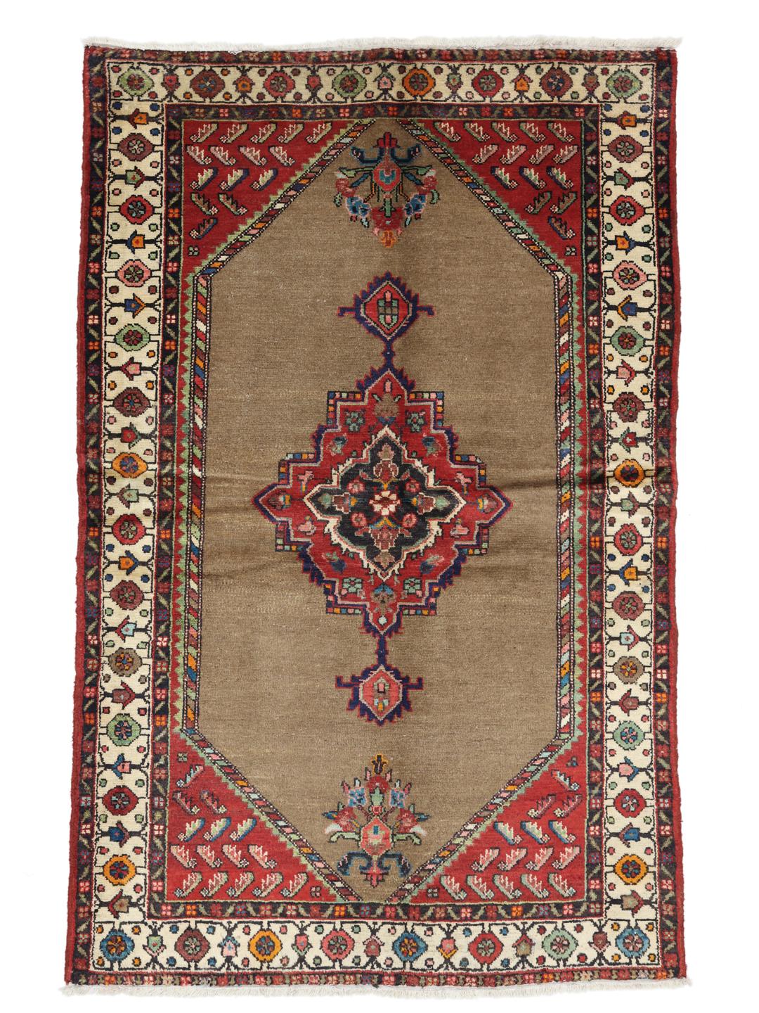 Hand-knotted wool rug from the Middle East in warm brown and red tones