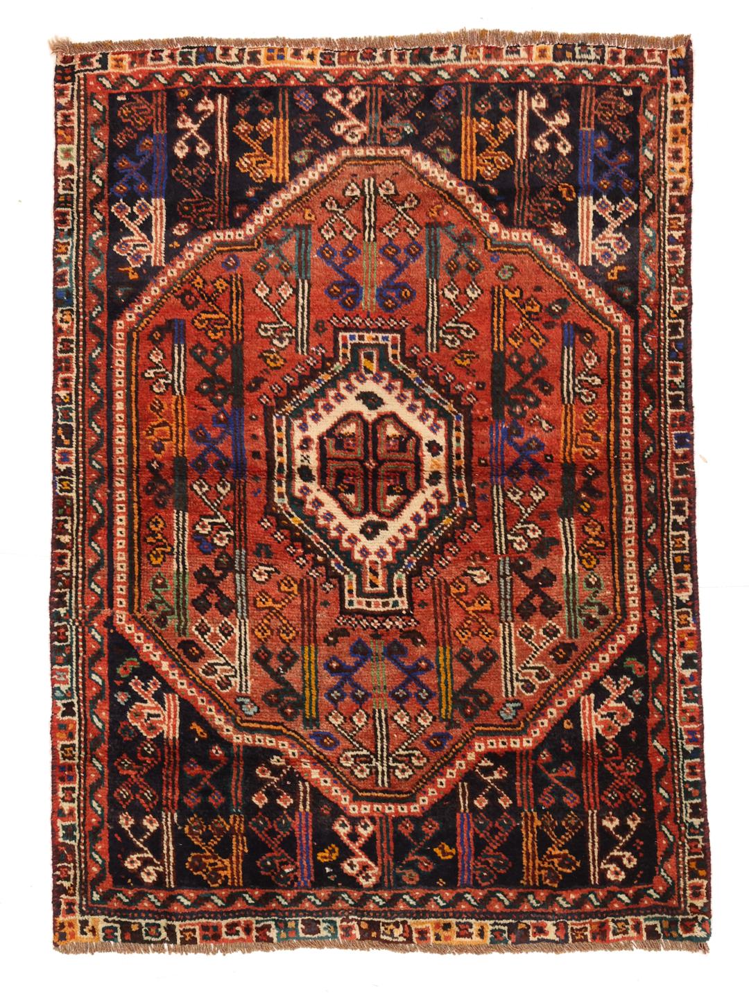 Hand-knotted Shiraz rug from the Middle East in dark-red and blue tones