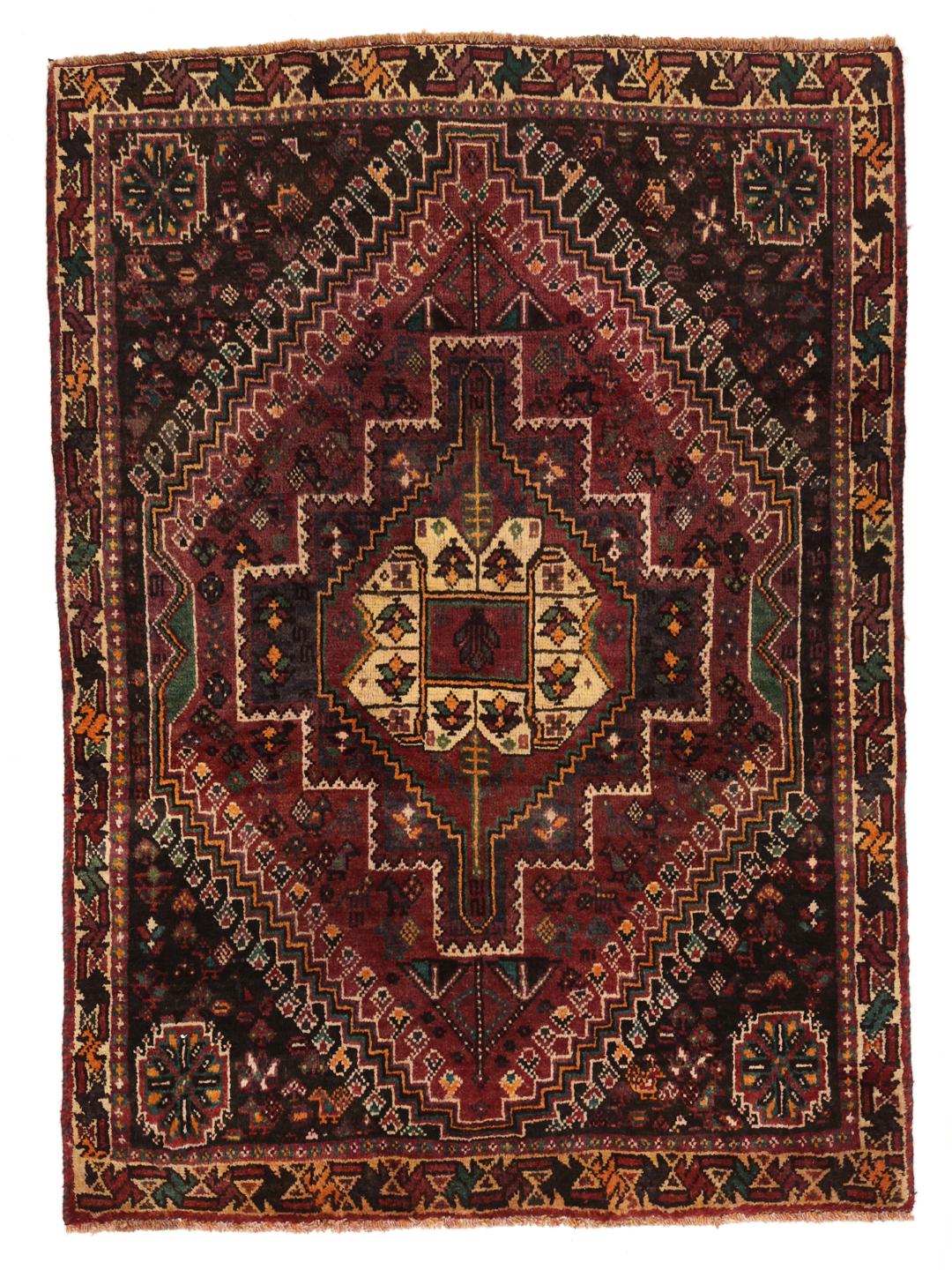 Hand-knotted Shiraz rug from the Middle East in dark-red and multicolour