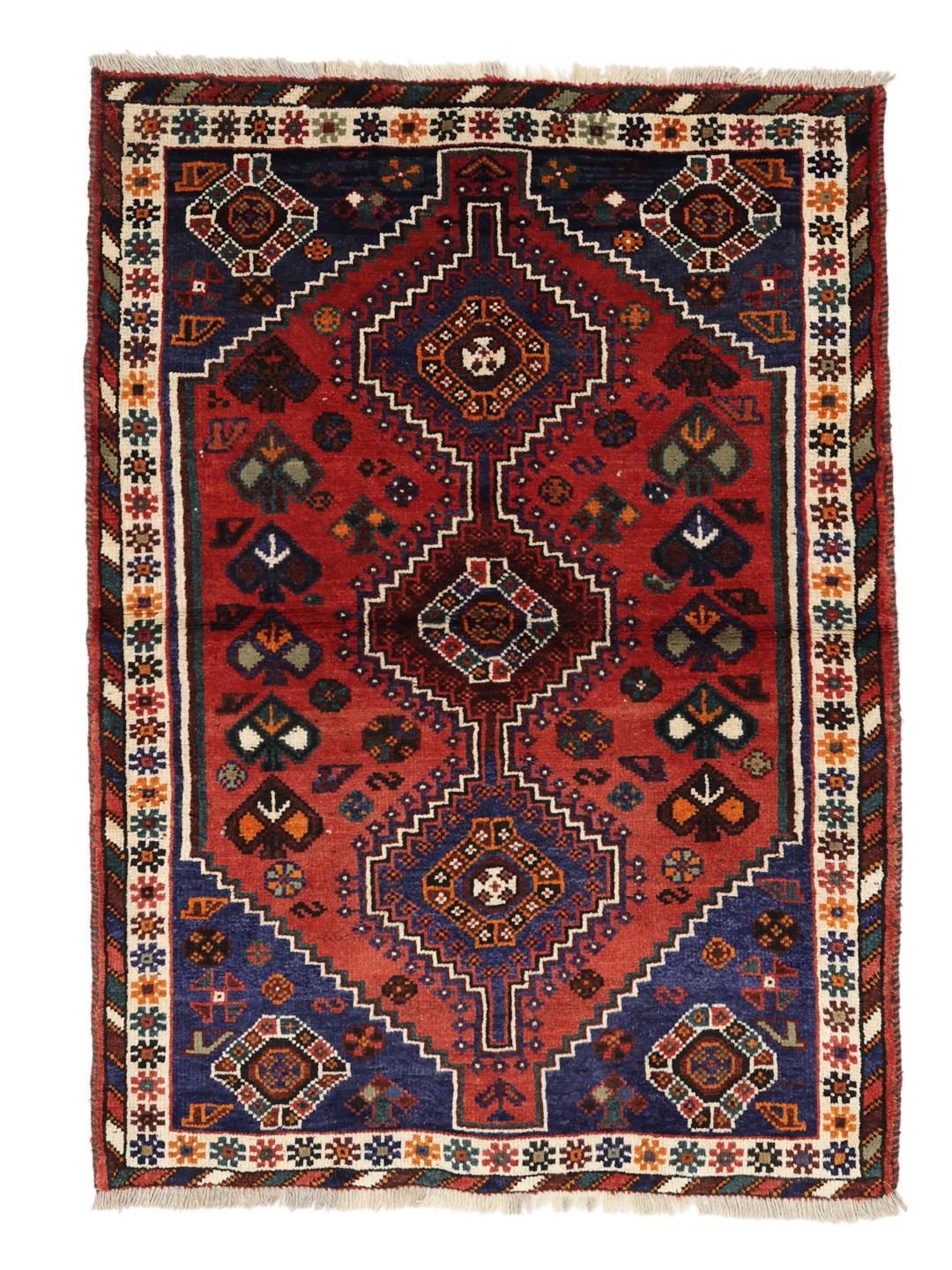 Hand-knotted Shiraz rug from the Middle East in red and blue