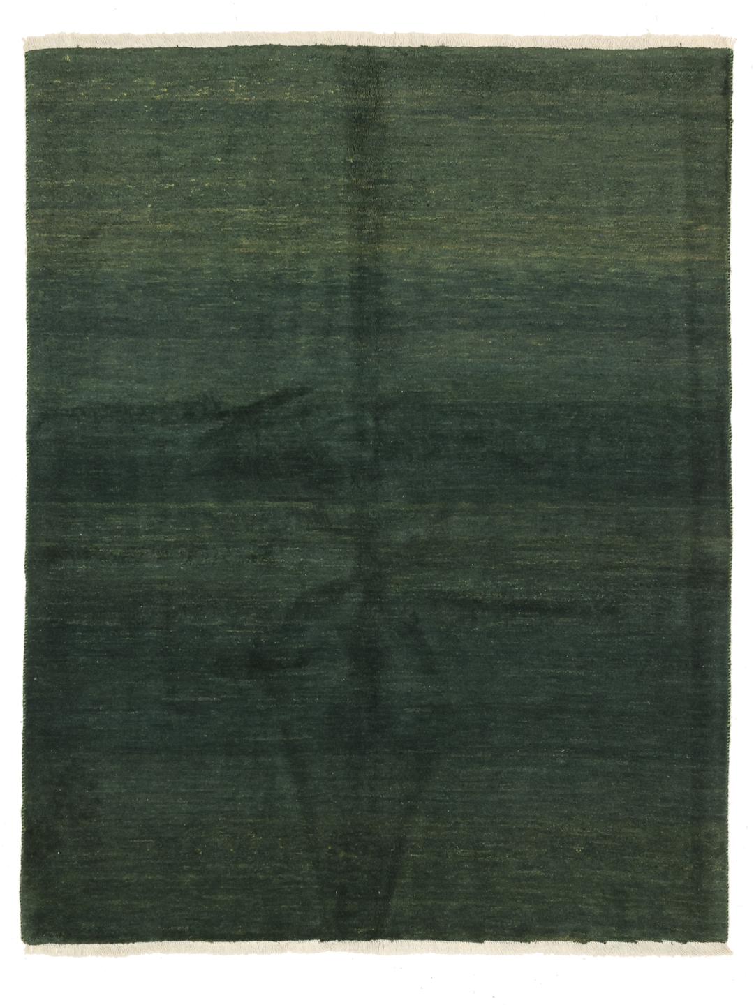 Hand-knotted Gabbeh rug in dark green, originating from the Middle East.