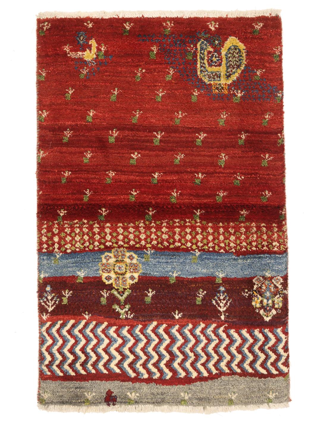 Hand-knotted Shabargan rug from the Middle East in vibrant red with pictorial motifs.
