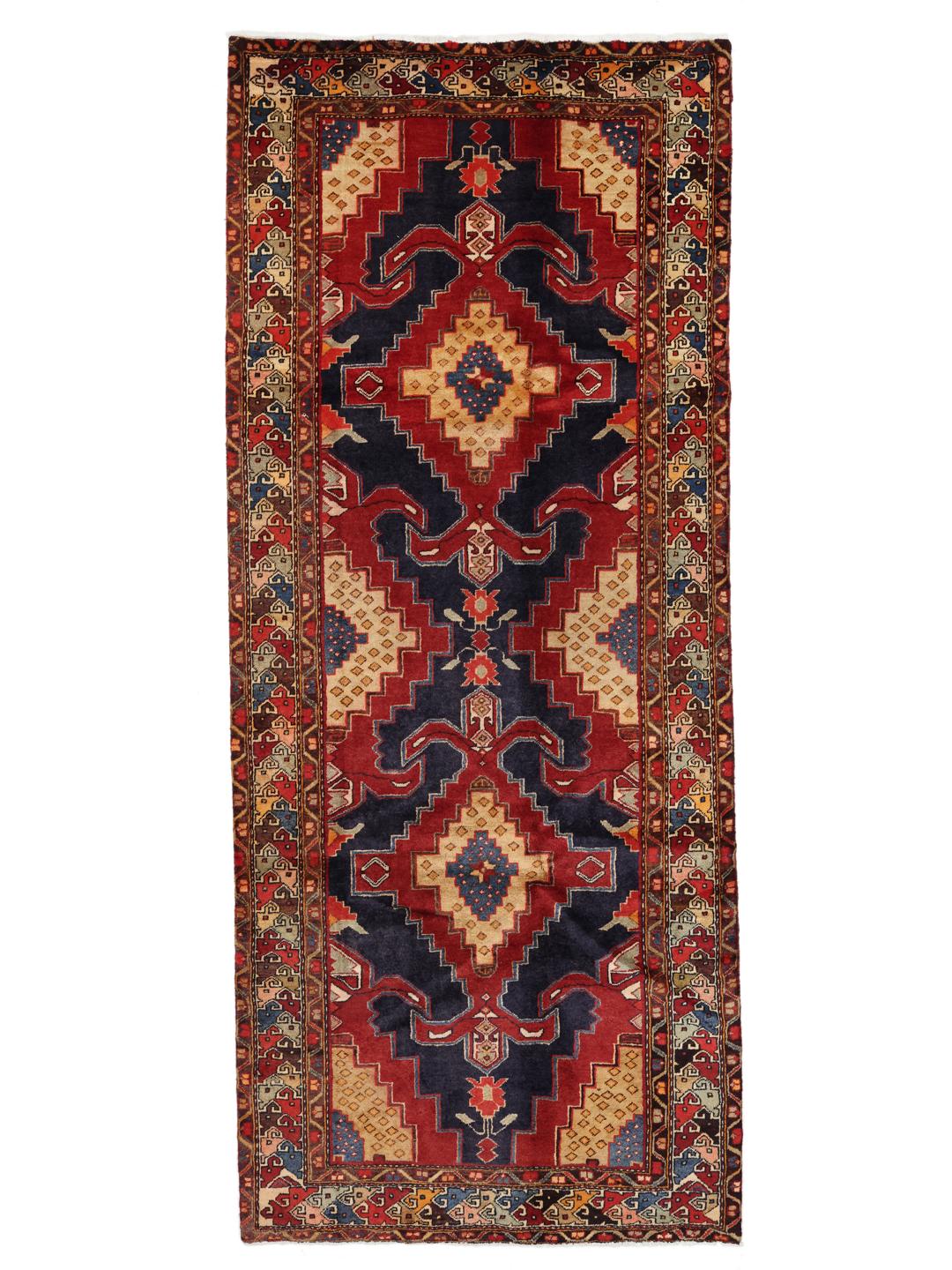 Hand-knotted red and blue Middle Eastern runner rug
