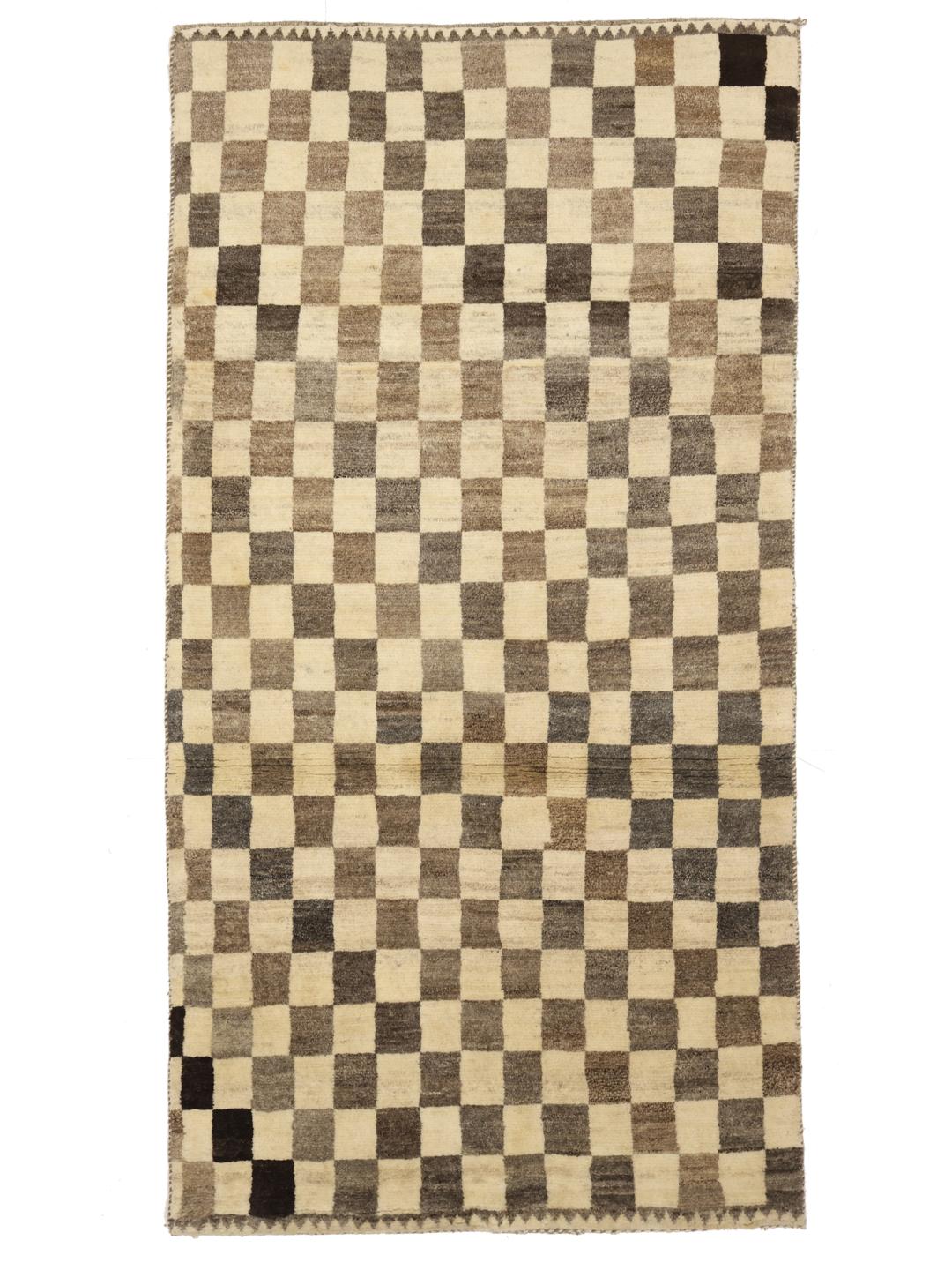 Hand-knotted Shabargan rug with a beige and brown checkerboard pattern