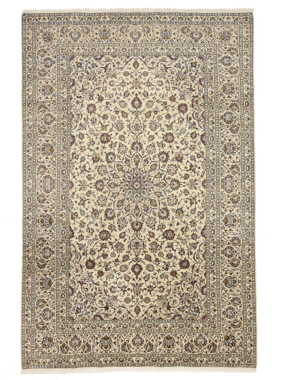 Hand-knotted Keshan rug from the Middle East with a floral medallion pattern in beige