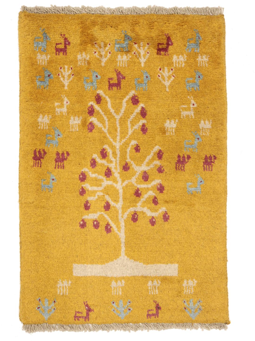 Yellow and multicolor hand-knotted Gabbeh rug with pictorial tree motifs