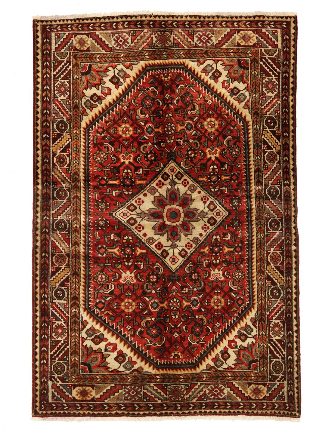 Hand-knotted Hosseinabad rug from the Middle East in shades of red and beige