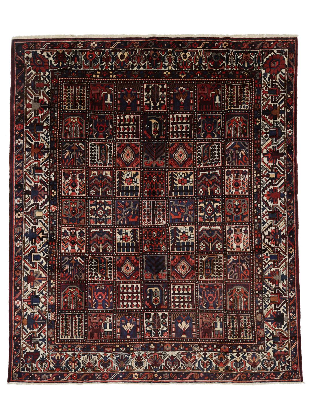 Hand-knotted Bakhtiari rug from the Middle East in dark red and multicolour hues.