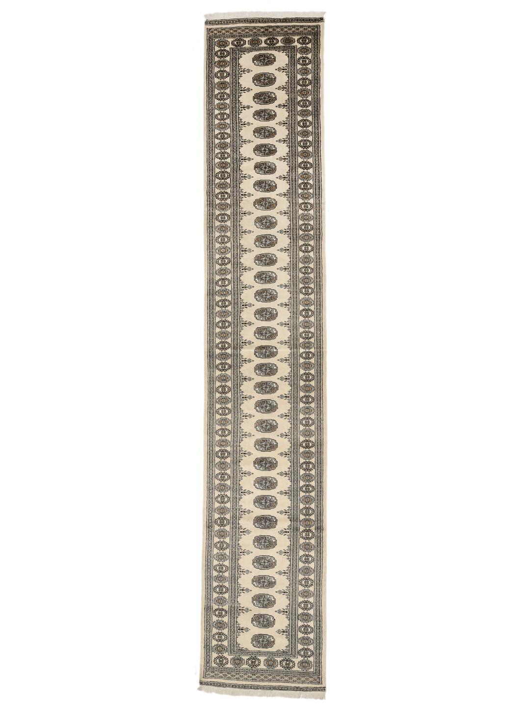 Hand-knotted Pakistani runner rug in beige with repeating motifs