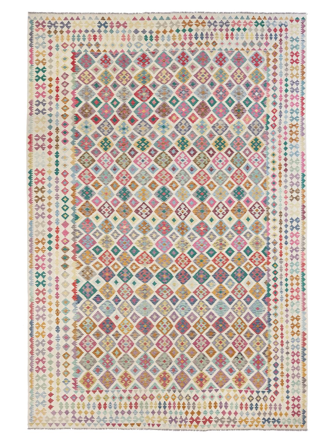 Groot handgeweven Afghan Kelim tapijt met een kleurrijk geometrisch ruitpatroon