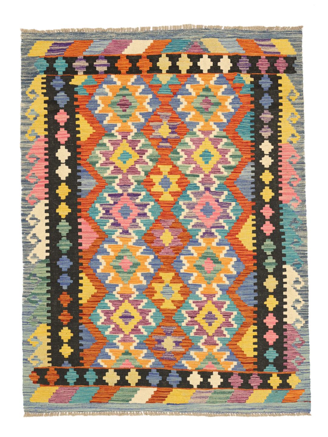 Tappeto Kelim afghano tessuto a mano con vivaci motivi geometrici a rombi multicolore