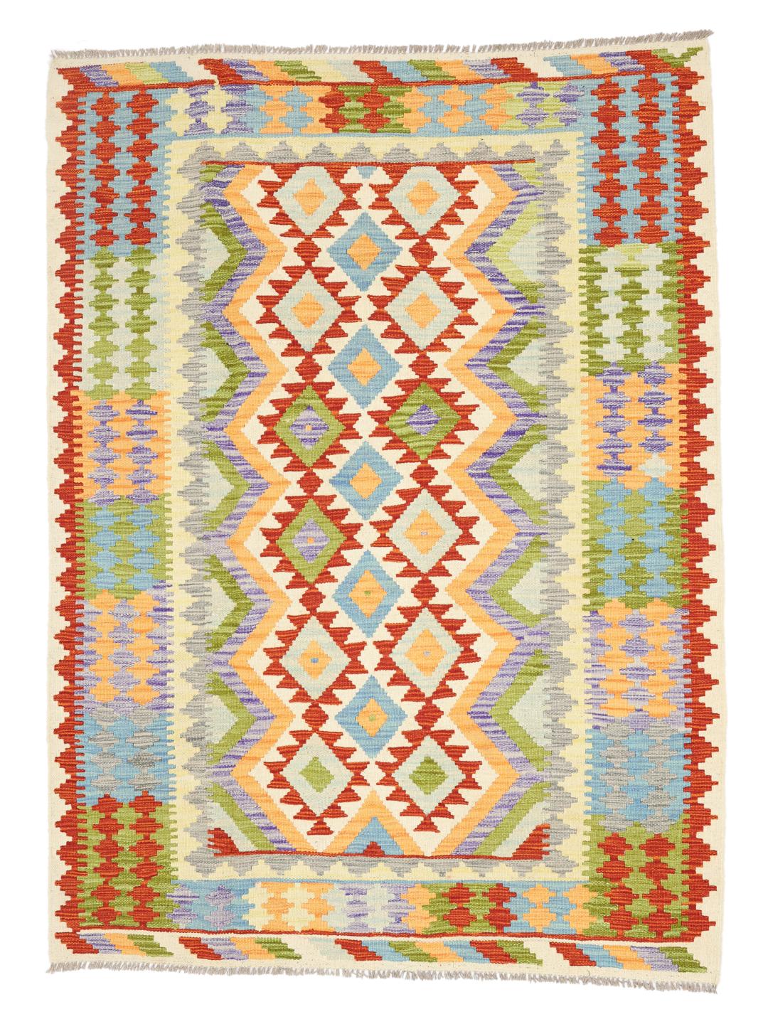 Tappeto Kelim afghano fatto a mano con motivi geometrici in lana multicolore