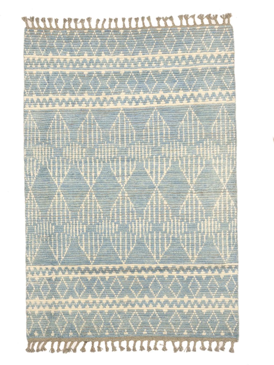 Handgeknoopt Afghaans tapijt met geometrische patronen in blauw en crème