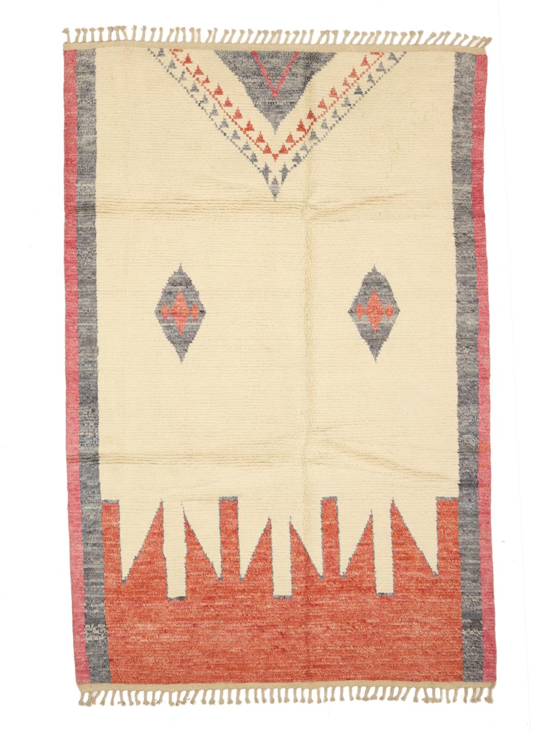 Hand-knotted Middle Eastern rug with Berber style patterns in beige, red, and grey