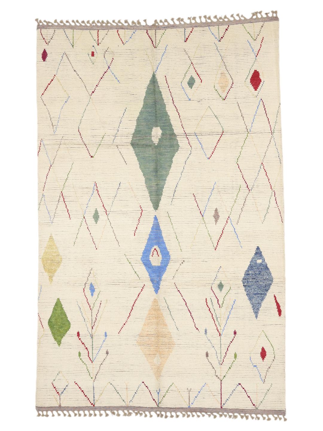 Hand-knotted Afghan rug with colourful geometric motifs on a beige background