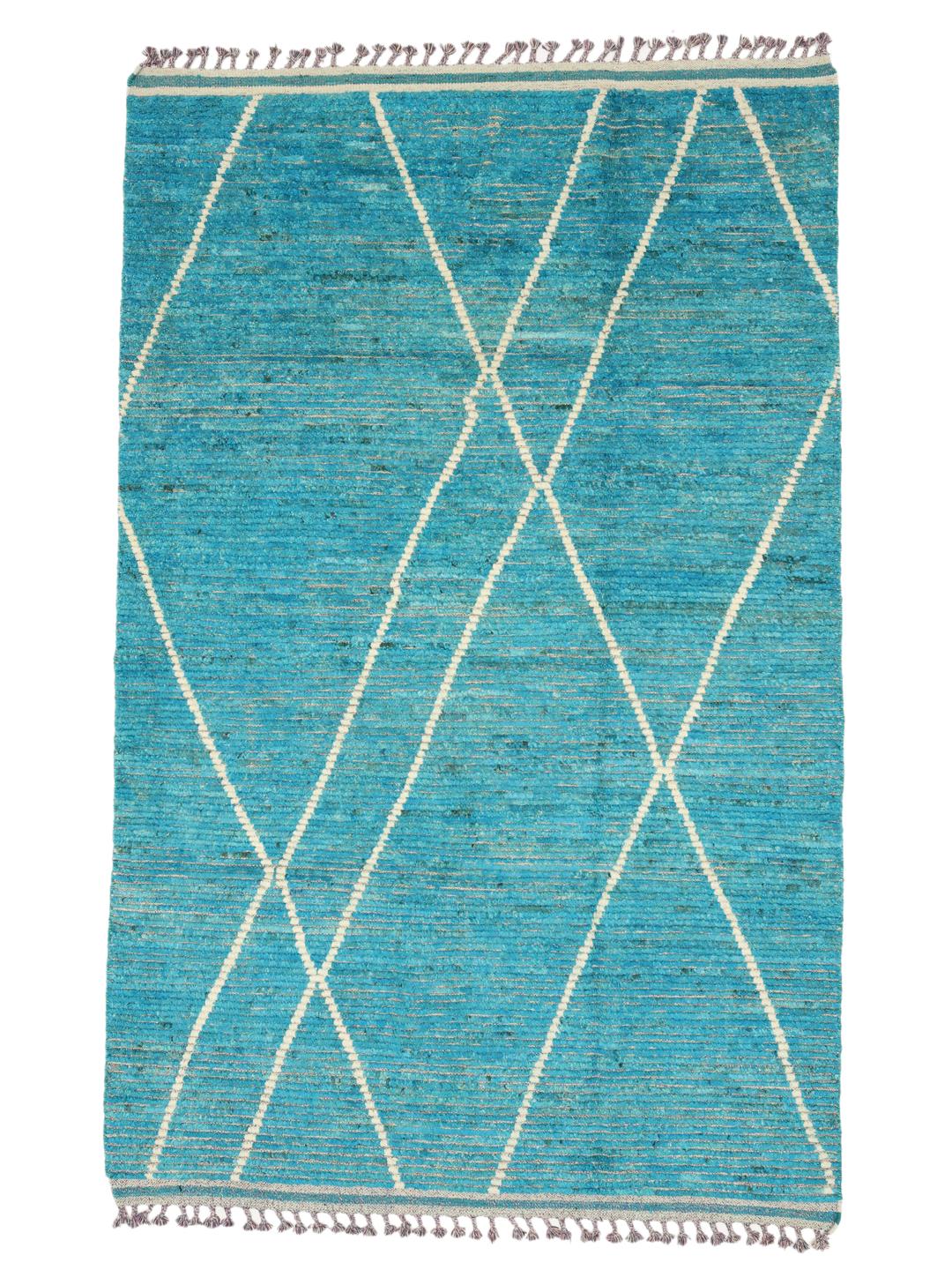 Handgeknoopt teal wollen tapijt uit Afghanistan met een geometrisch patroon