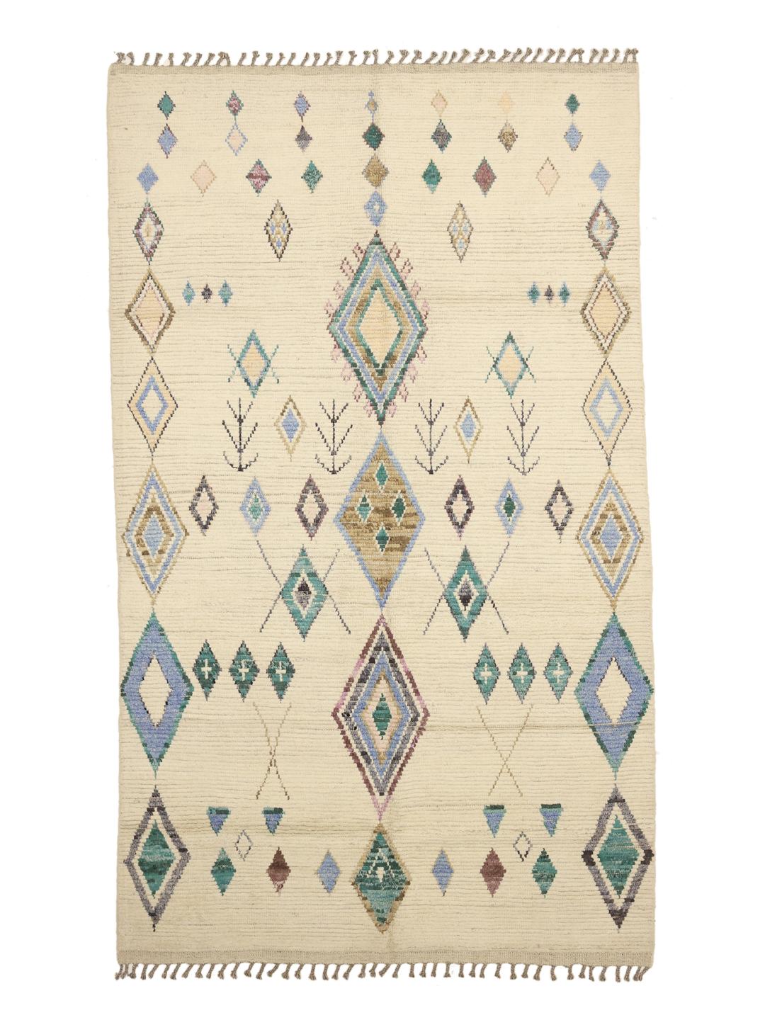 Hand-knotted Afghan rug with geometric diamond patterns in beige, blue, and green.