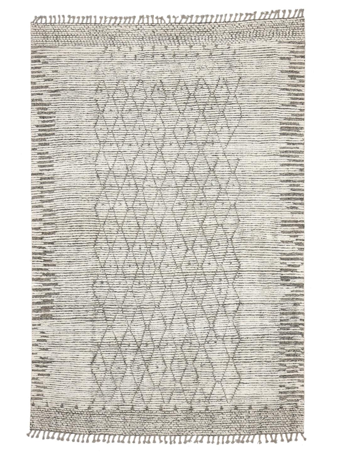 Hand-knotted wool rug with geometric patterns in beige and grey from Afghanistan