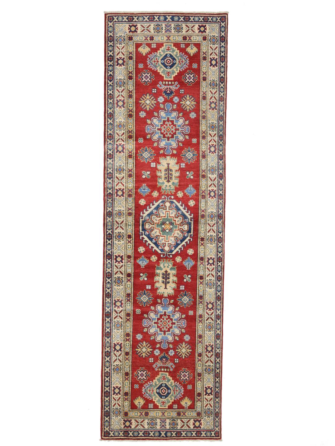 Handgeknüpfter Kazak Läufer aus Afghanistan in Rot, Blau und Beige