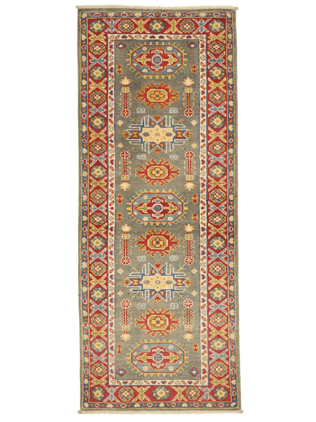 Handgeknoopte Afghaanse loper met geometrische medaillons in grijs, rood en blauw