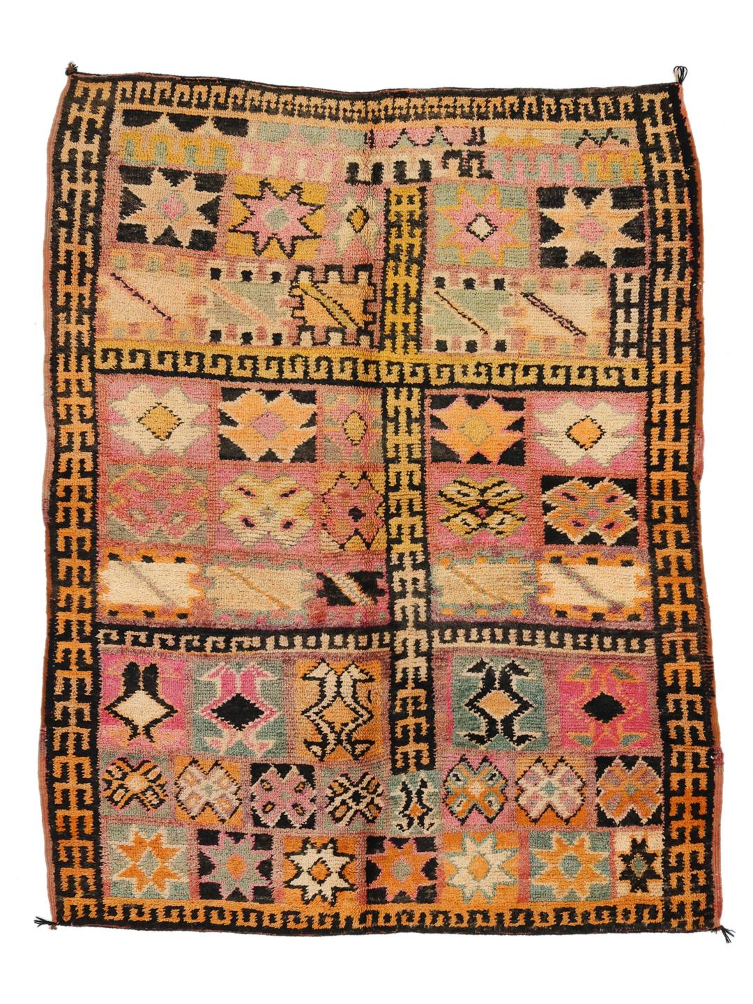 Vintage Berber Moroccan tæppe med geometriske stammemønstre i flerfarvet uld.