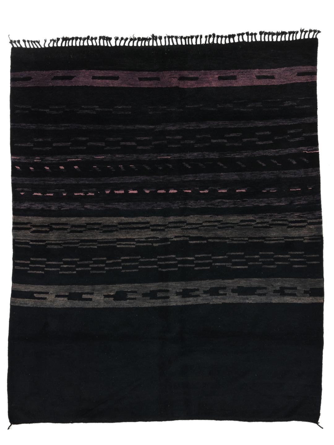 Hand-knotted black Berber Moroccan rug from Morocco featuring subtle horizontal accents.