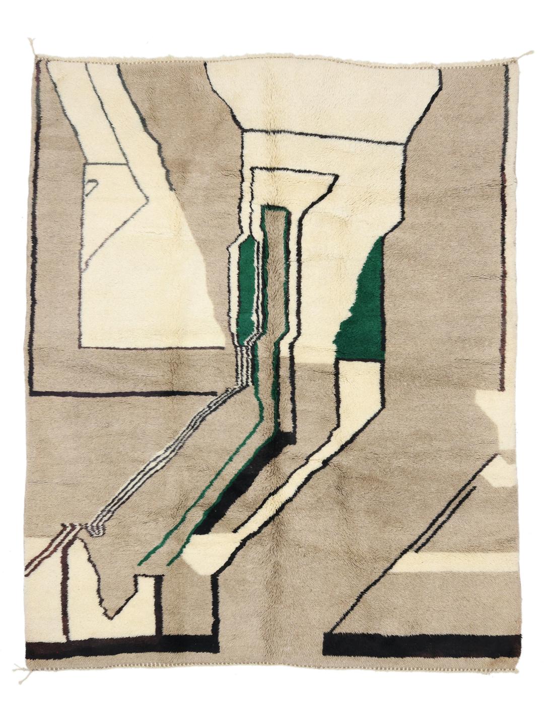 Handgeknoopt Berber Marokkaans tapijt met een abstract ontwerp in beige en groen