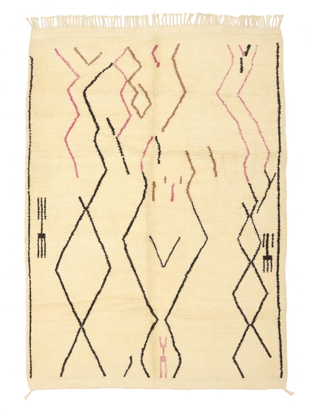 Håndknyttet Berber Marokkansk Beni Ourain-tæppe med geometriske motiver i creme, sort og pink