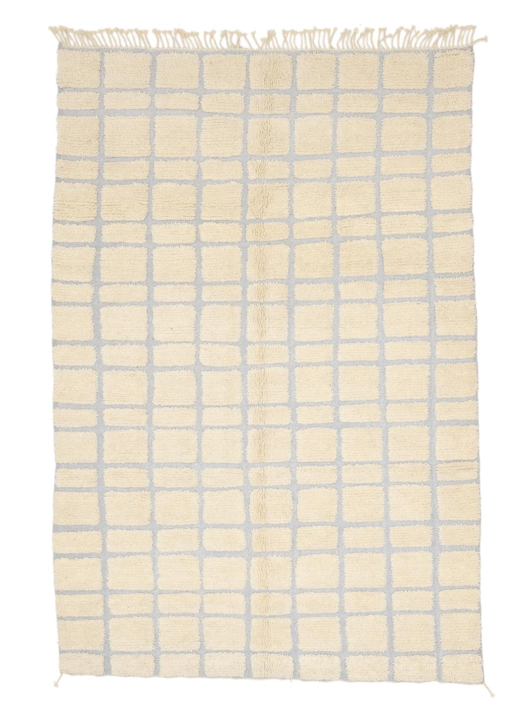 Tapis marocain en laine noué à la main avec un motif de grille beige et gris
