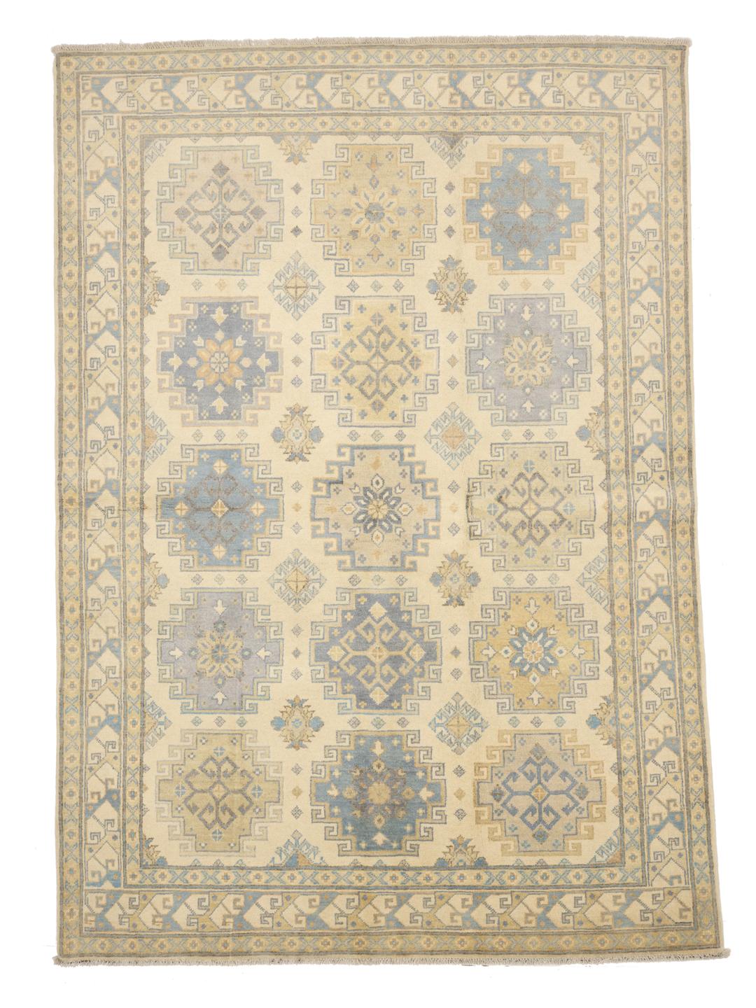 Handgeknüpfter afghanischer Kazak-Teppich mit geometrischen Mustern in Blau und Beige